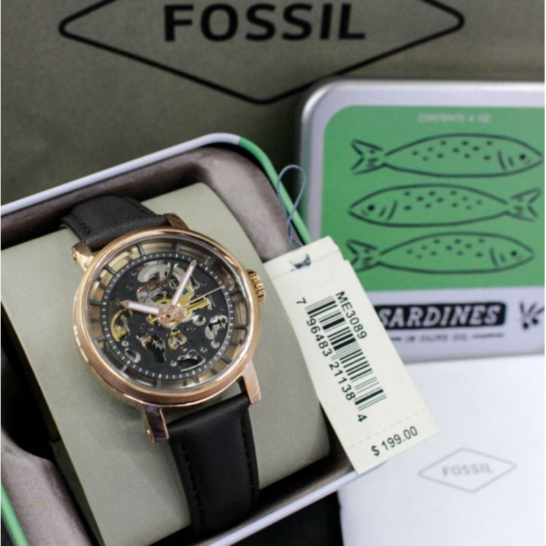 Fossil Boyfriend Automatic Skeleton Grey Dial Grey Leather Strap Watch for Women - ME3089