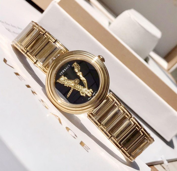 Versace V Virtus Quartz Black Dial Gold Steel Strap Watch For Women - VET300121