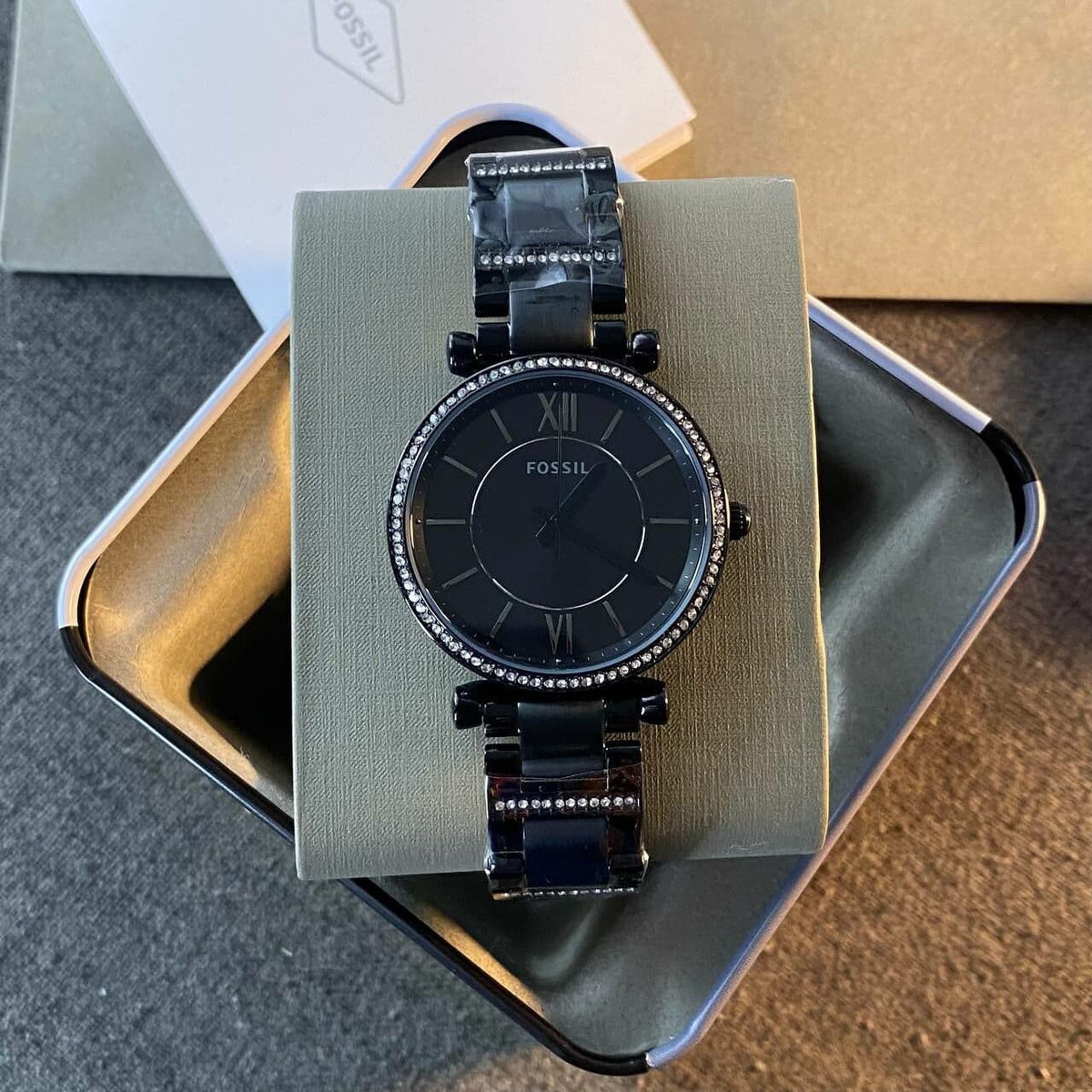 Fossil Carlie Black Dial Black Steel Strap Watch for Women - ES4488
