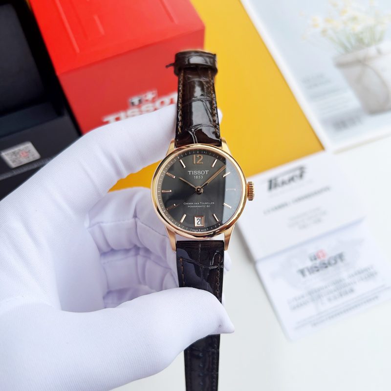 Tissot Chemin Des Tourelles Powermatic 80 Lady Brown Dial Brown Leather Strap Watch For Women - T099.207.36.447.00
