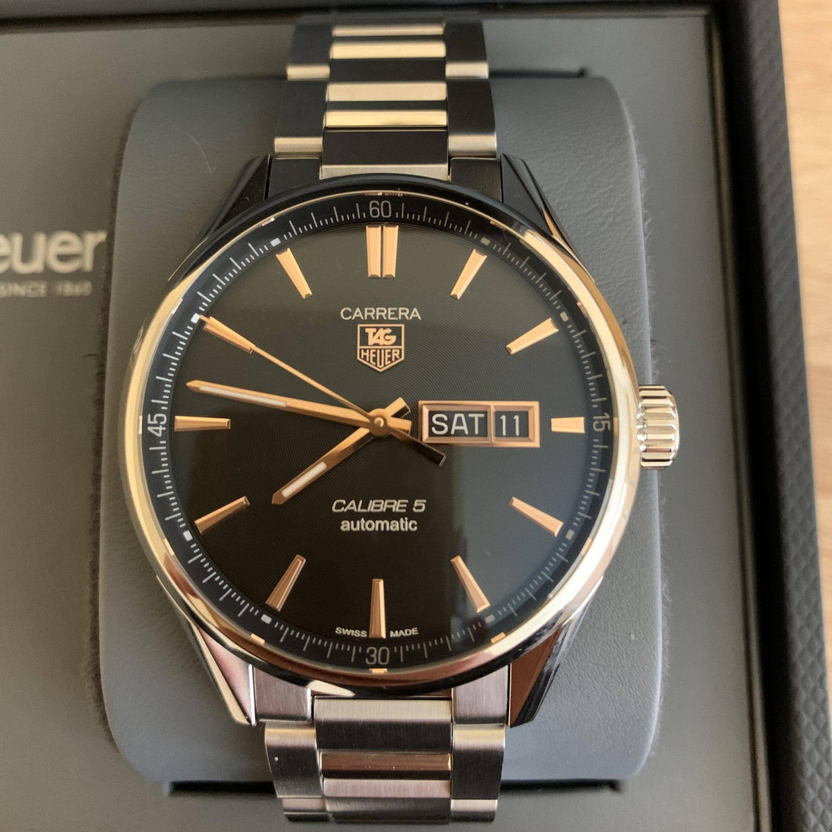 Tag Heuer Carrera Calibre 5 Automatic Black Dial Silver Steel Strap Watch for Men - WAR201C.BA0723