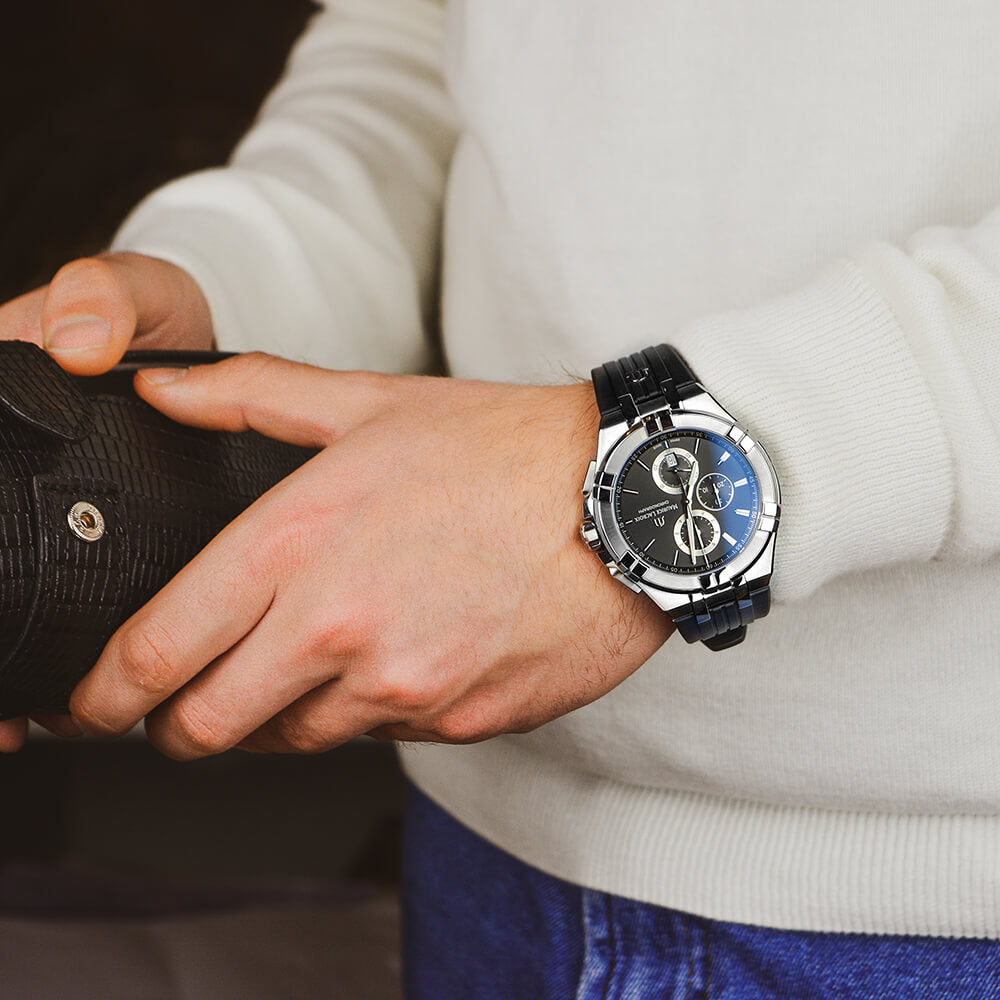 Maurice Lacroix Aikon Chronograph Black Dial Black Leather Strap Watch for Men - AI1018-SS001-330-2
