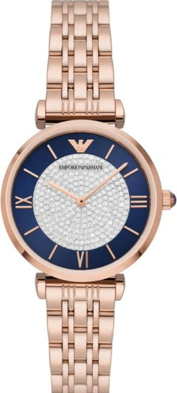 Emporio Armani Gianni T-Bar Quartz Crystals Black Dial Gold Steel Strap Watch For Women - AR11423