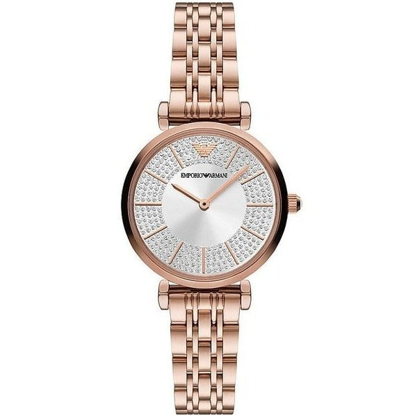 Emporio Armani Gianni T-Bar Crystals Silver Dial Rose Gold Steel Strap Watch For Women - AR11446