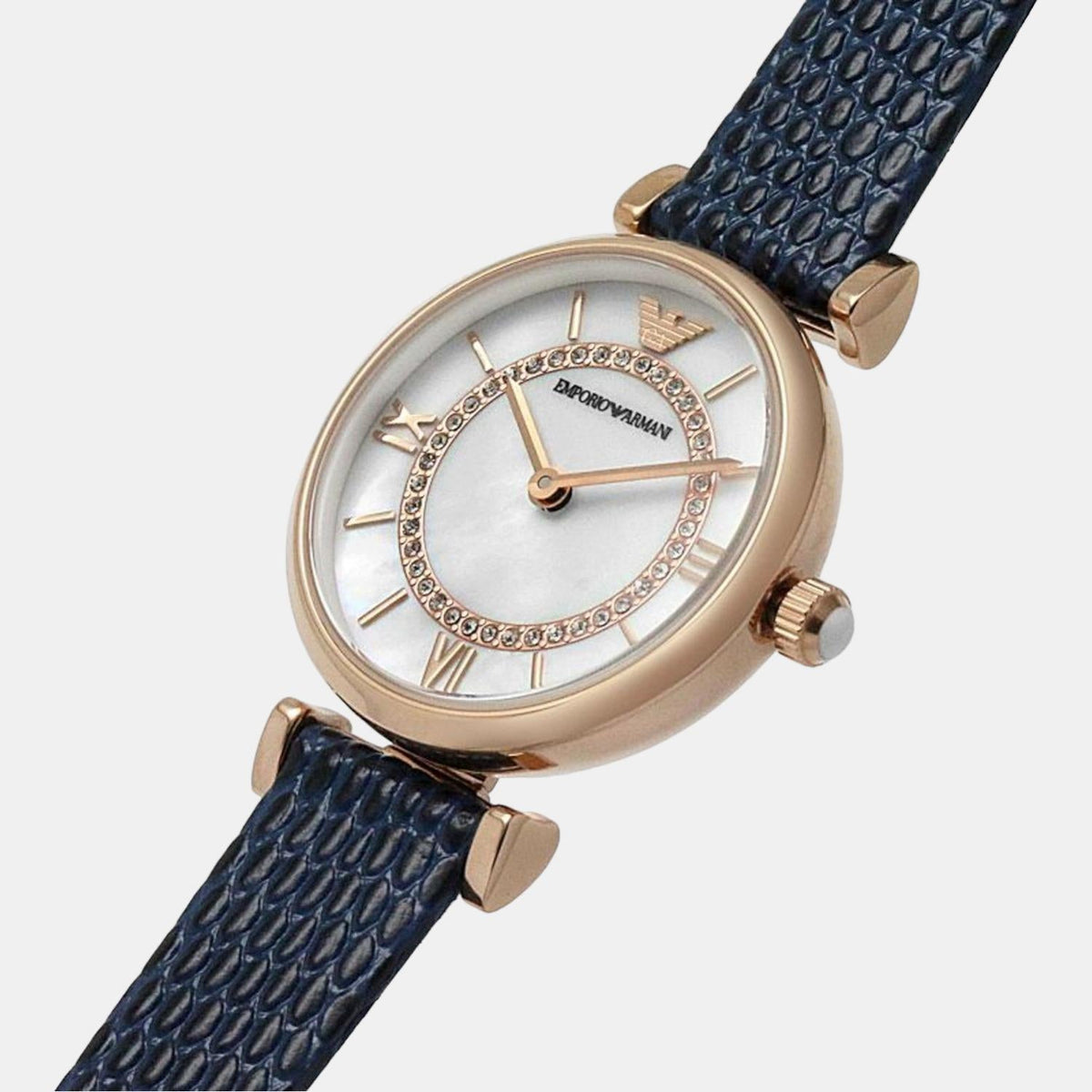 Emporio Armani Gianni T-Bar Analog Mother of Pearl Dial Blue Leather Strap Watch For Women - AR11468