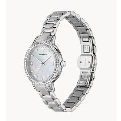 Emporio Armani Cleo Crystals Mother Of Pearl Dial Silver Steel Strap Watch For Women - AR11484