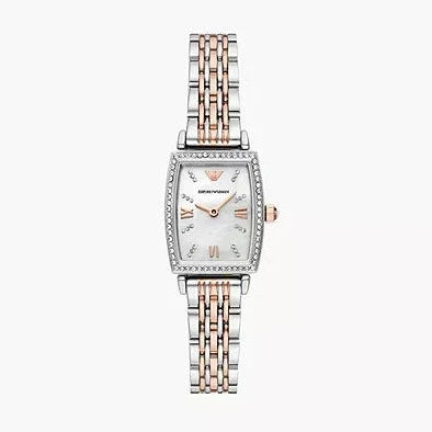 Emporio Armani Gianni T Bar White Mother Of Pearl Dial Two Tone Steel Strap Watch For Women - AR11519