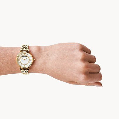 Emporio Armani Gianni T Bar Mother of Pearl White Dial Gold Steel Strap Watch For Women - AR190700