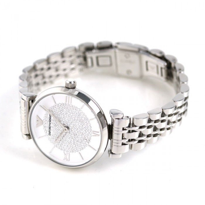 Emporio Armani Gianni T Bar White Crystal Pave Dial Silver Stainless Steel Strap Watch For Women - AR1925