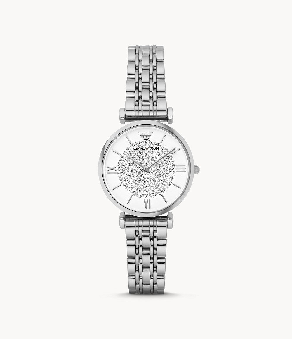 Emporio Armani Gianni T Bar White Crystal Pave Dial Silver Stainless Steel Strap Watch For Women - AR1925