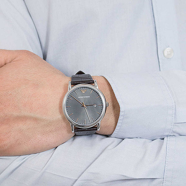 Emporio Armani Luigi Quartz Gray Dial Brown Leather Strap Watch For Men - AR1996