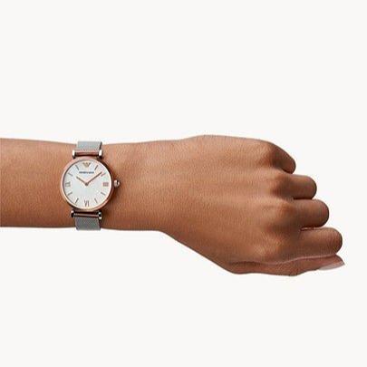 Emporio Armani Retro Mother of Pearl Dial Silver Mesh Bracelet Watch For Women - AR2067