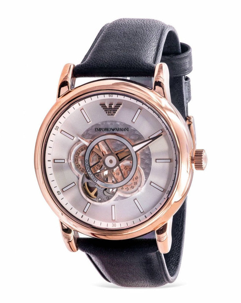 Emporio Armani Luigi Automatic Skeleton Silver Dial Black Leather Strap Watch For Men - AR60013