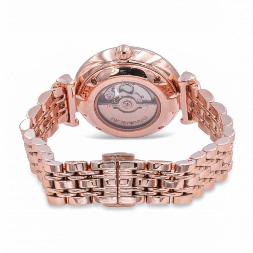 Emporio Armani Meccanico Gianni T-Bar Silver Dial Rose Gold Steel Strap Watch For Women - AR60023