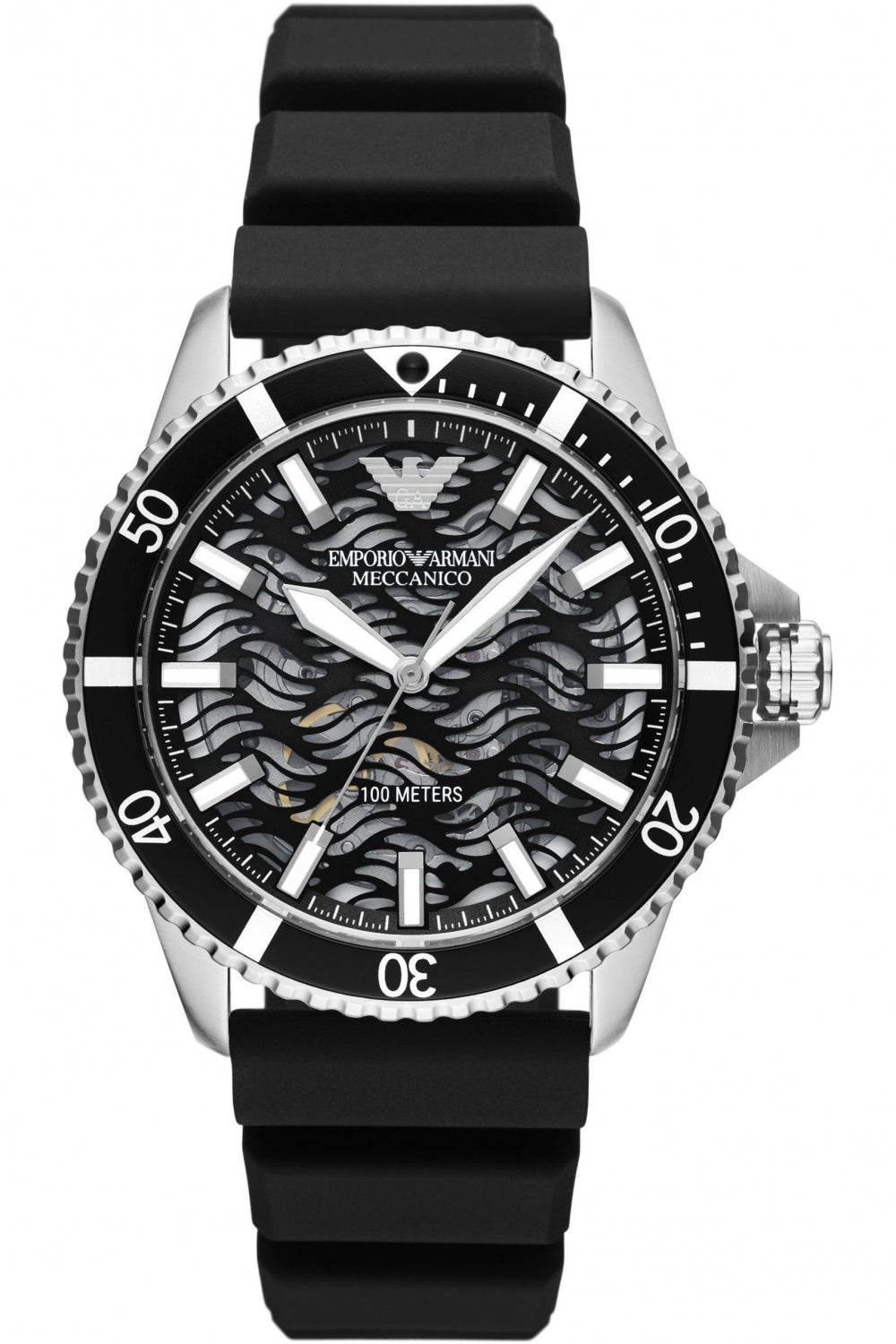Emporio Armani Sea Explorer Meccanico Automatic Black Dial Black Silicone Strap Watch For Men - AR60062
