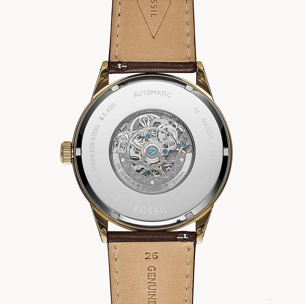 Fossil Flynn Mechanical Skeleton Beige Dial Brown Leather Strap Watch for Men - BQ2215