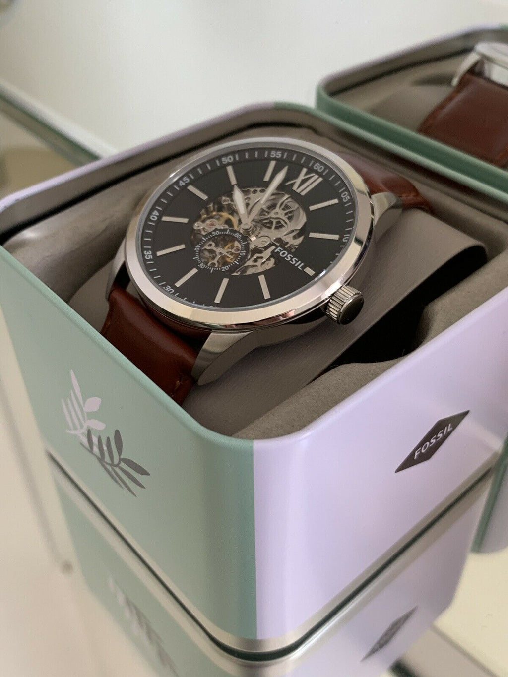 Fossil Flynn Automatic Black Dial Brown Leather Strap Watch for Men - BQ2270