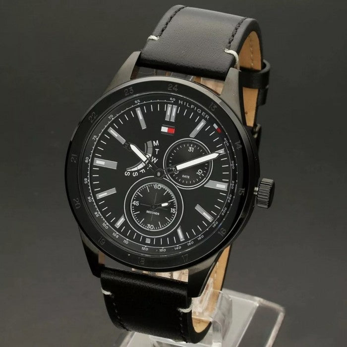 Tommy Hilfiger Austin Black Dial Black Leather Strap Watch for Men - 1791638