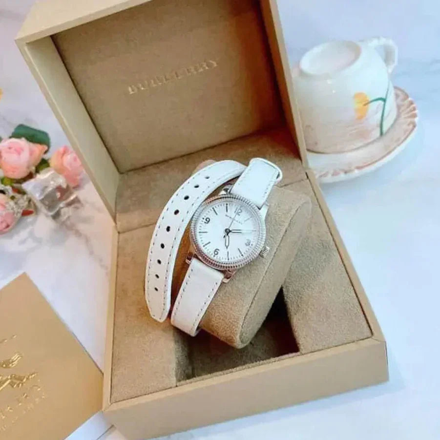 Burberry Utilitarian White Dial White Leather Strap Watch for Women - BU7846