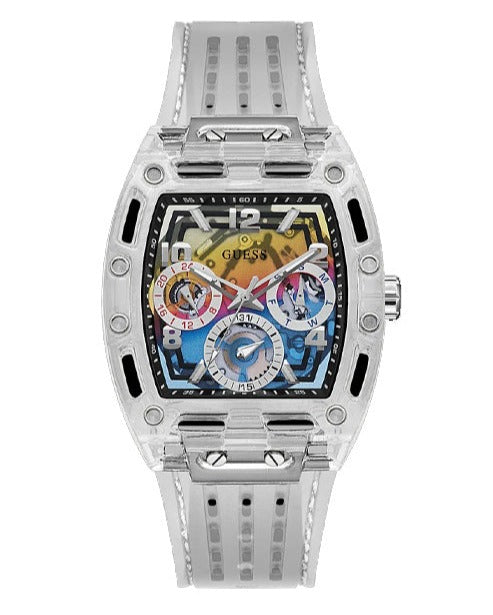 Guess Phoenix Polycarbonate Clear Multi-function Black Dial Clear Rubber Strap Watch for Men - GW0499G3