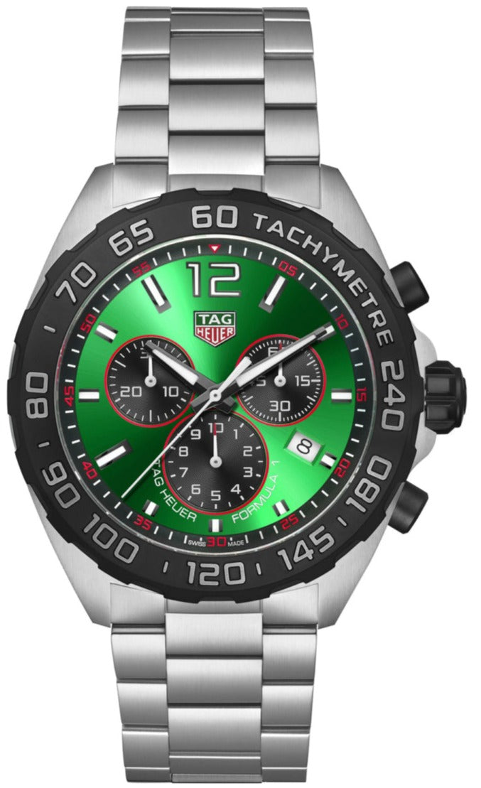 Tag Heuer Formula 1 Chronograph Green Dial Silver Steel Strap Watch for Men - CAZ101AP.BA0842
