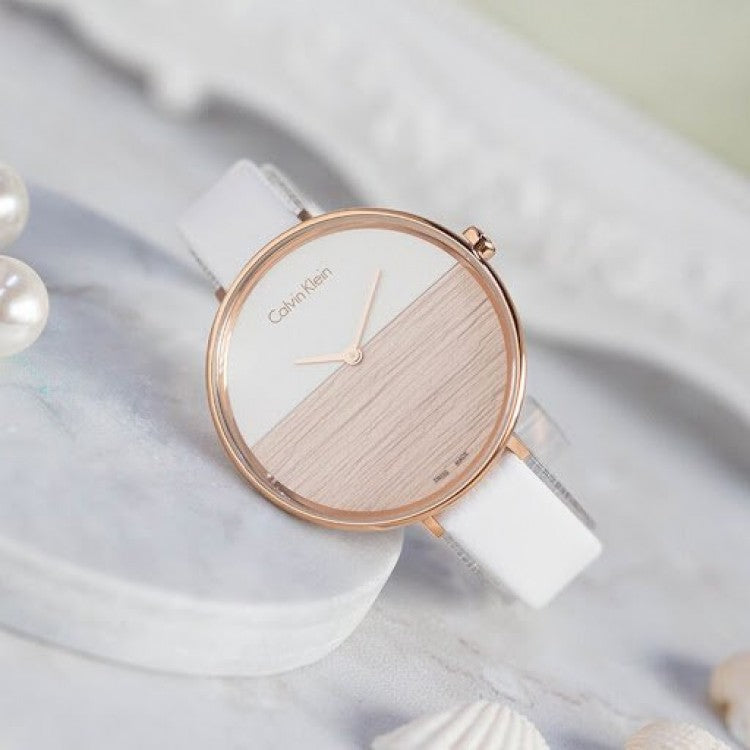 Calvin Klein Rise White Dial White Leather Strap Watch for Women - K7A236LH