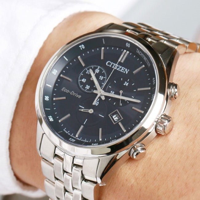Citizen Eco Drive Chronograph Blue Dial Silver Steel Strap Watch For Men - AT2140-55L