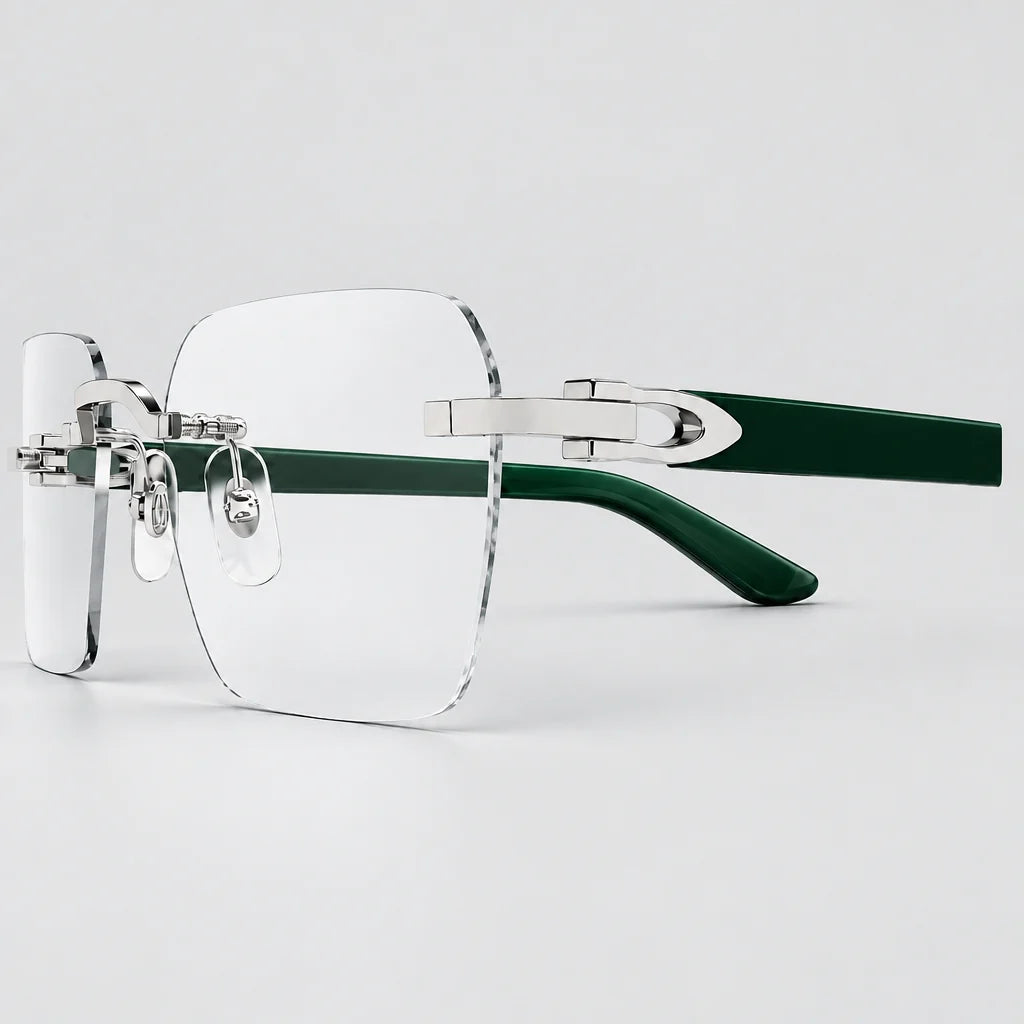 Cartier C Décor Men Rimless Dark Green Wood Temples Transparent Glasses