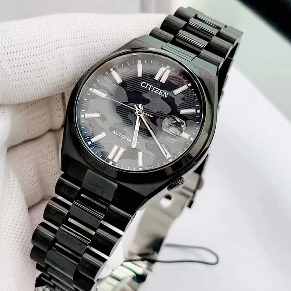 Citizen Tsuyosa Automatic Camouflage Black Dial Black Steel Strap Watch For Men - NJ0155-87E