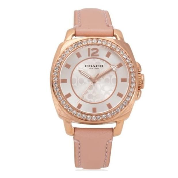 Coach Boyfriend Mother of Pearl White Dial Pink Leather Strap Watch for Women - 14503151
