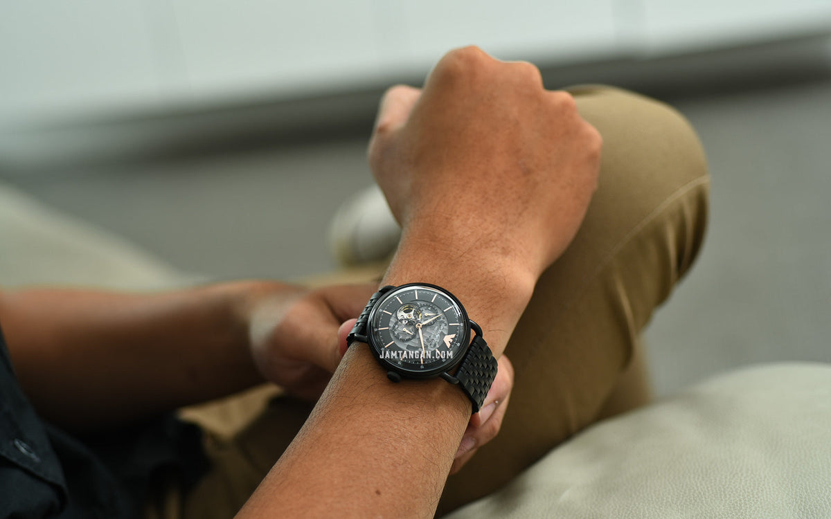 Emporio Armani Meccanico Automatic Black Dial Black Mesh Bracelet Watch For Men - AR60025