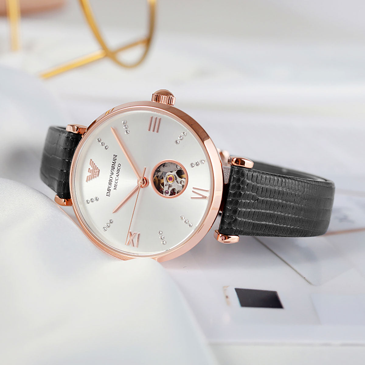 Emporio Armani Meccanico Gianni T Bar Mother of Pearl White Dial Black Leather Strap Watch For Women - AR60047