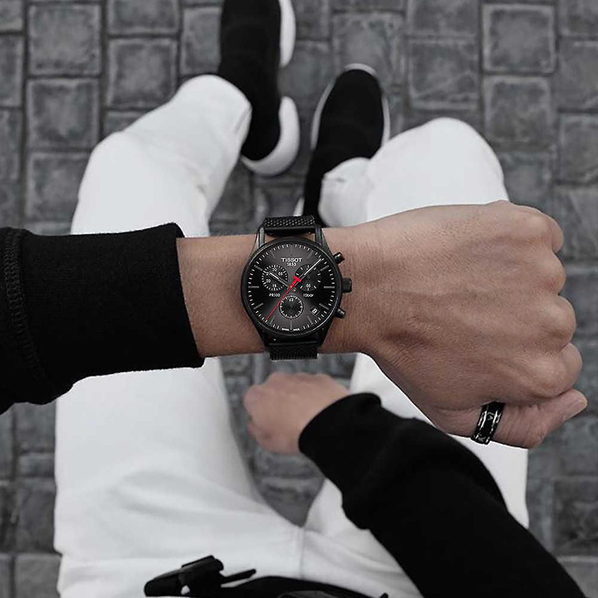 Tissot T Classic PR 100 Chronograph Black Dial Black Mesh Bracelet Watch For Men - T101.417.33.051.00