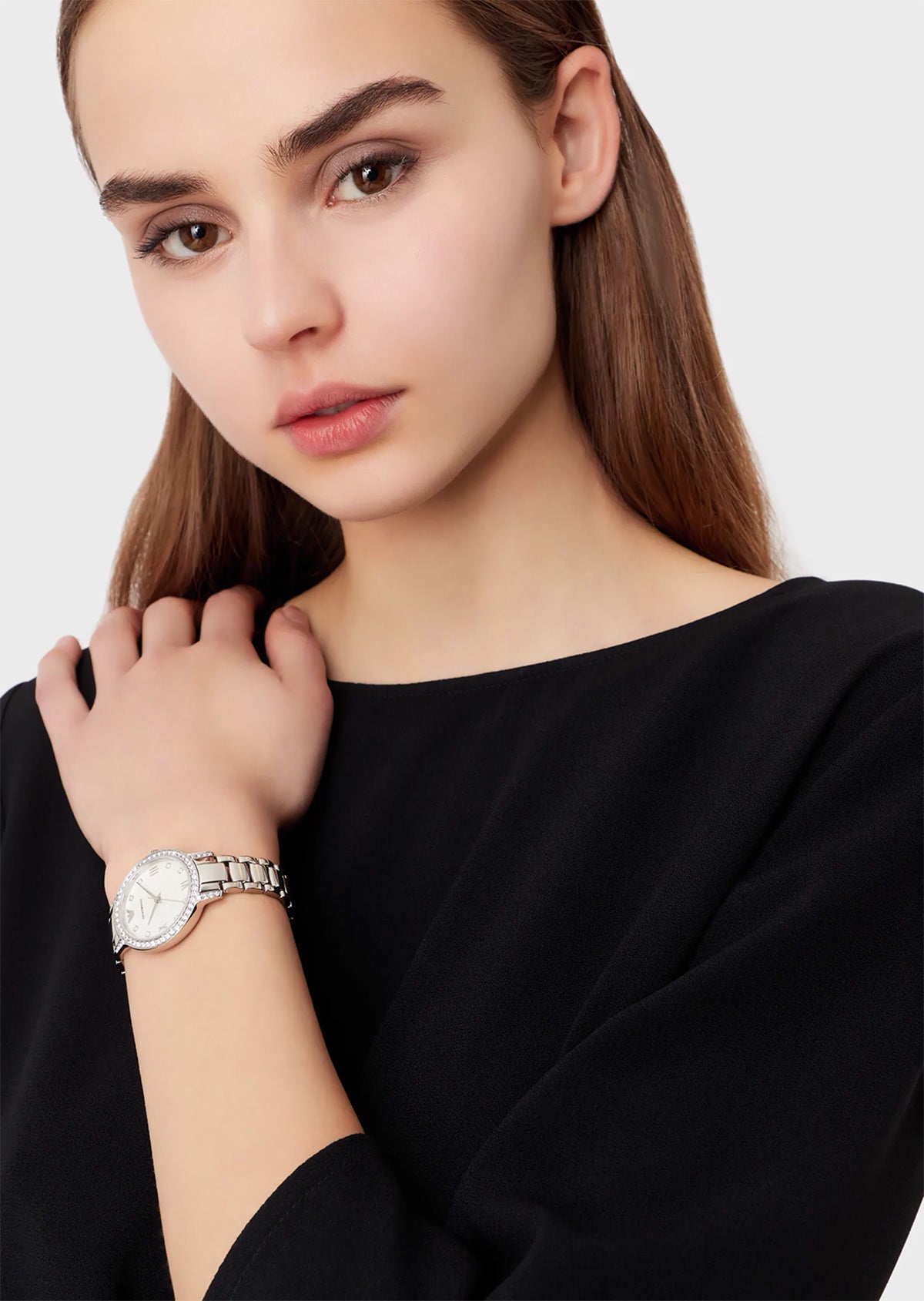 Emporio Armani Cleo Crystals Mother Of Pearl Dial Silver Steel Strap Watch For Women - AR11484