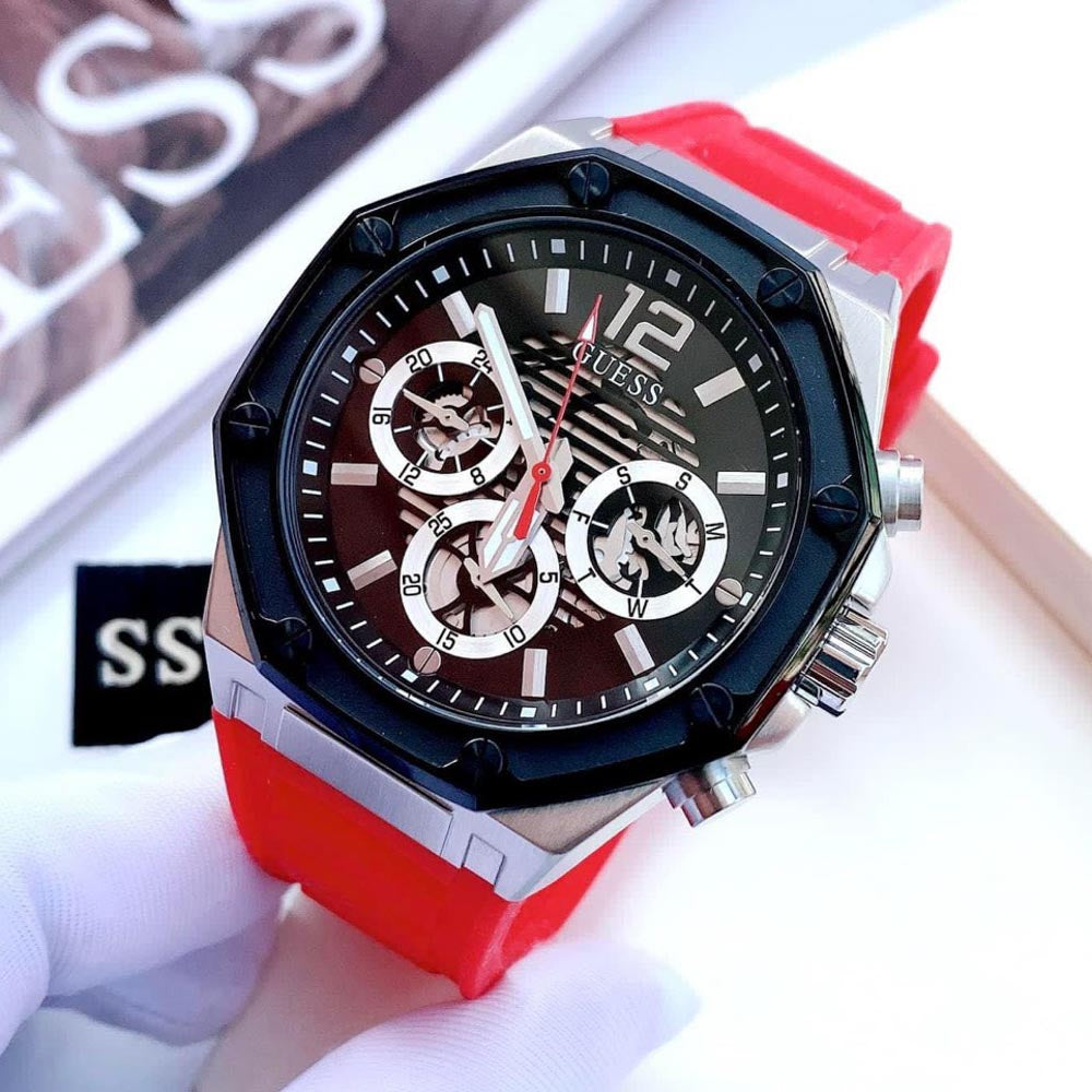 Guess Momentum Black Dial Red Rubber Strap Watch for Men - GW0263G3