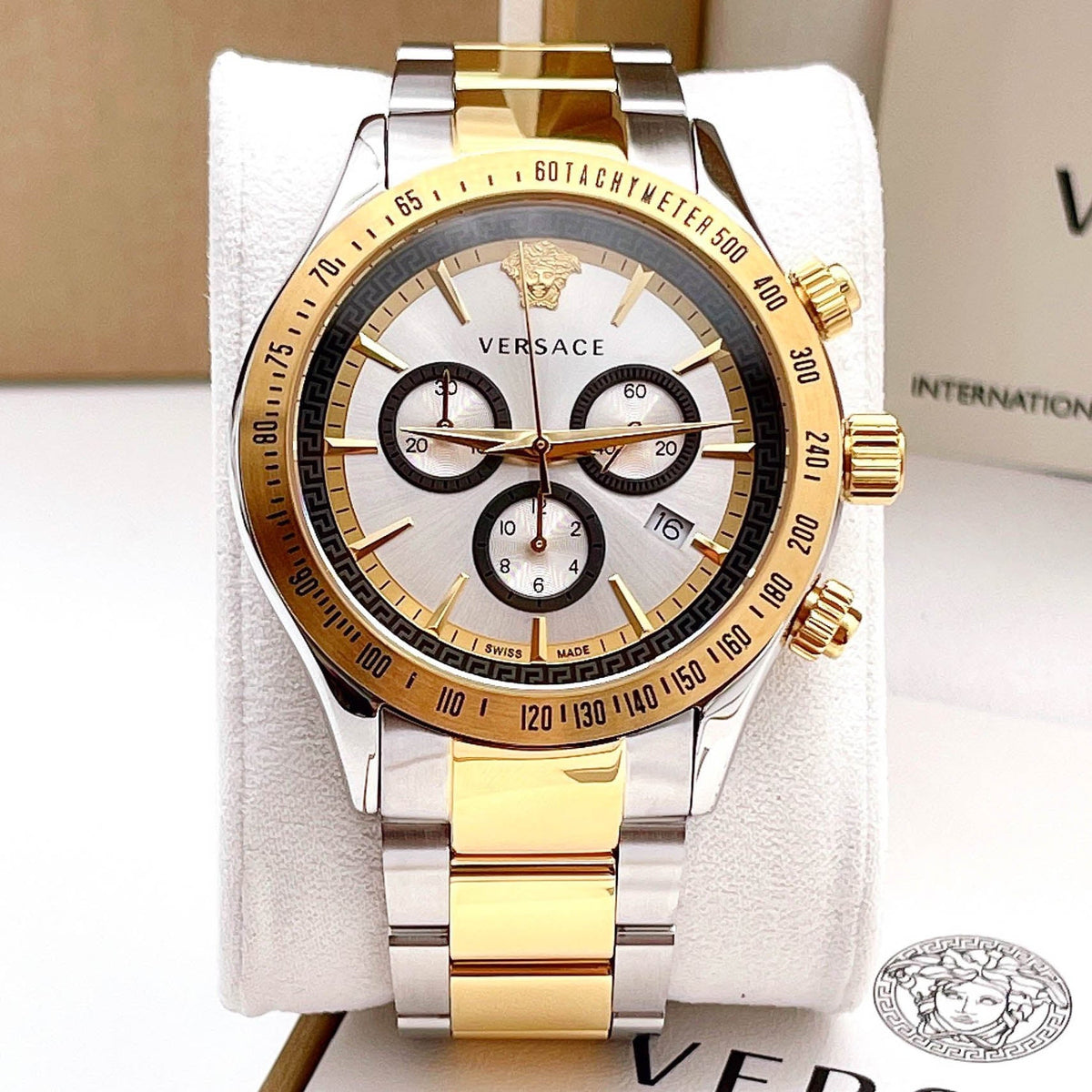 Versace Classic Chronograph Quartz Silver Dial Two Tone Steel Strap Watch For Men - VEV700519