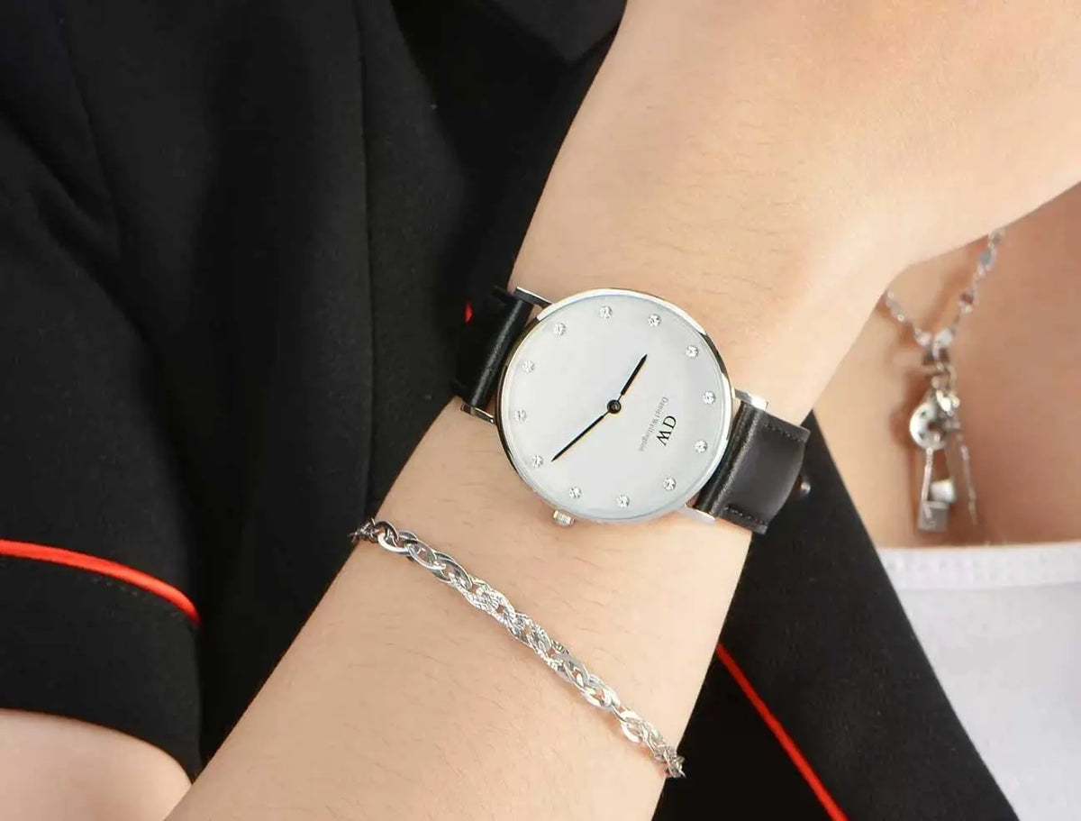 Daniel Wellington Classy Sheffield White Dial Black Leather Strap Watch For Women - DW00100080