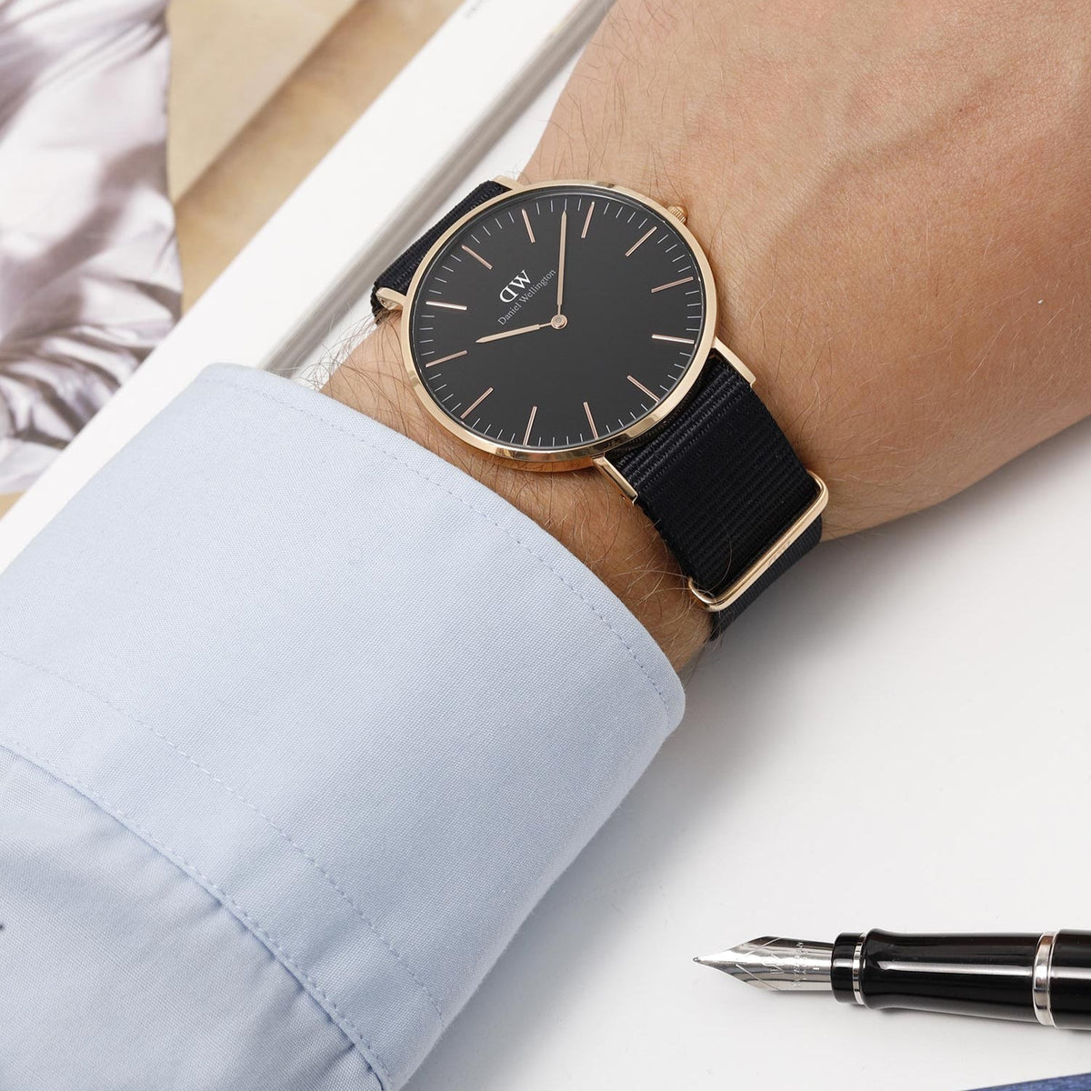 Daniel Wellington Classic Cornwall Black Dial Black Nylon Strap Watch For Women - DW00100148