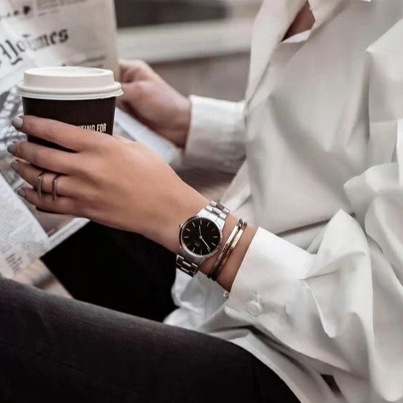 Daniel Wellington Iconic Link Black Dial Silver Steel Strap Watch For Women - DW00100206