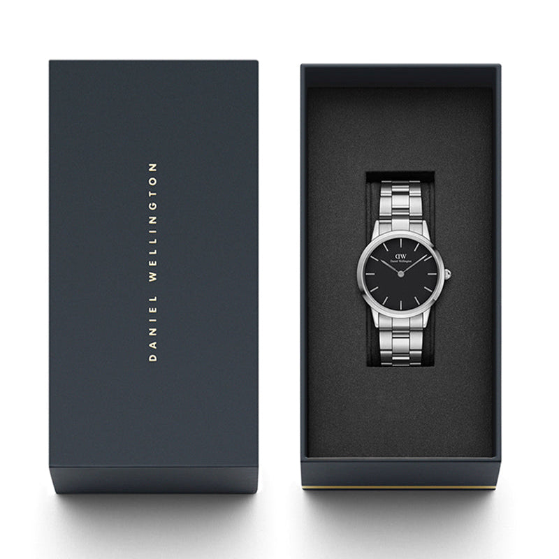 Daniel Wellington Iconic Link Black Dial Silver Steel Strap Watch For Women - DW00100206