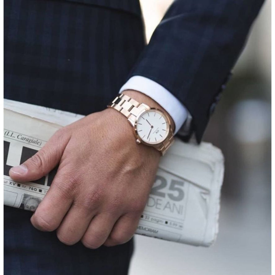 Daniel Wellington Iconic Link White Dial Rose Gold Steel Strap Watch For Women - DW00100209