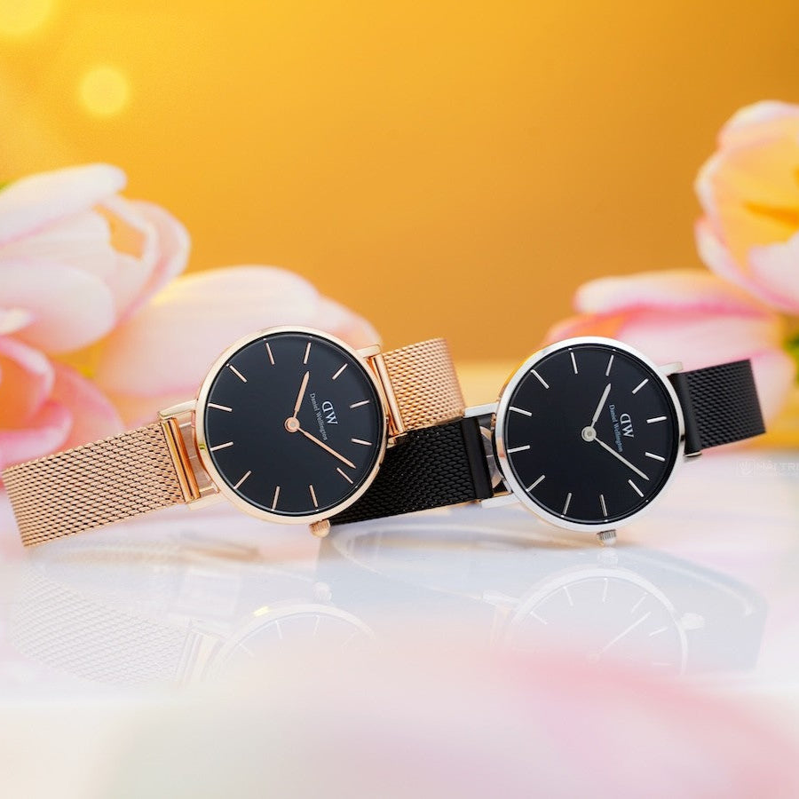 Daniel Wellington Petite Ashfield Black Dial Black Mesh Strap Watch For Women - DW00100246