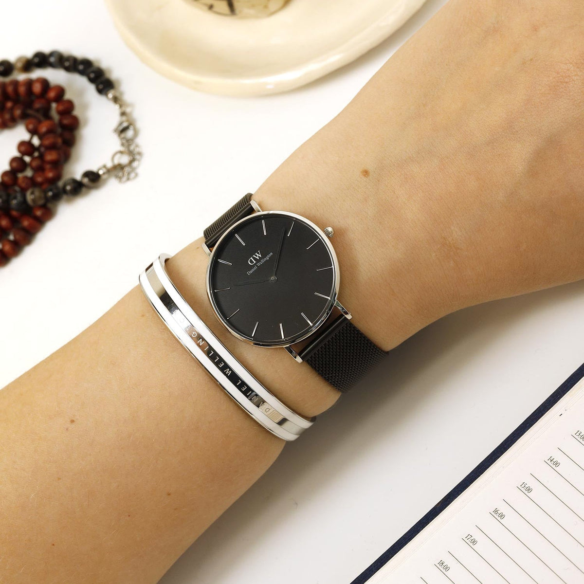 Daniel Wellington Petite Ashfield Black Dial Black Mesh Strap Watch For Women - DW00100308