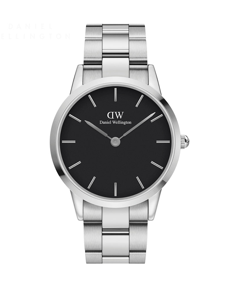 Daniel Wellington Iconic Link Black Dial Silver Steel Strap Watch For Women - DW00100342