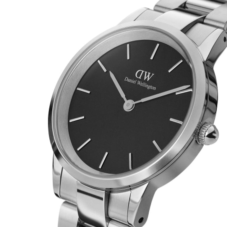 Daniel Wellington Iconic Link Black Dial Silver Steel Strap Watch For Women - DW00100342