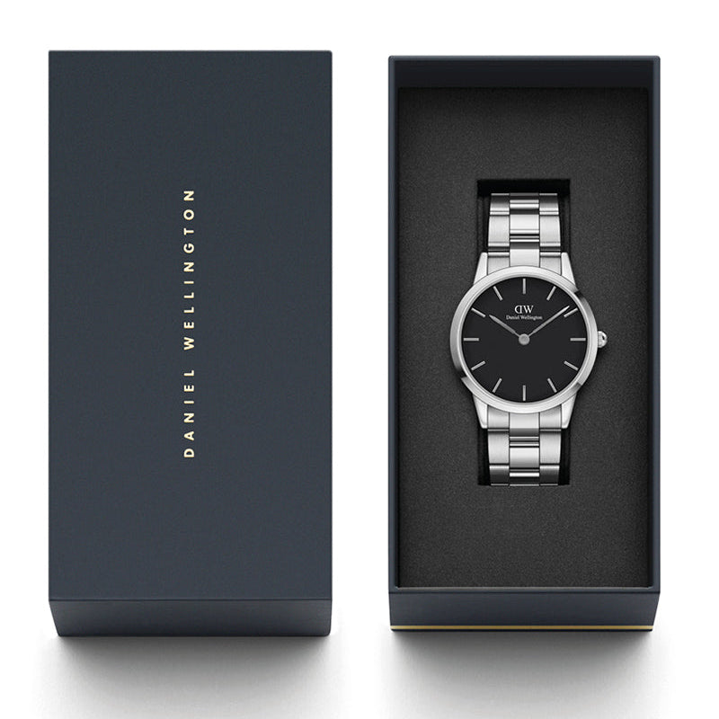 Daniel Wellington Iconic Link Black Dial Silver Steel Strap Watch For Women - DW00100342
