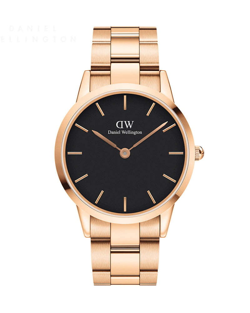 Daniel Wellington Iconic Link Black Dial Rose Gold Steel Strap Watch For Men - DW00100344