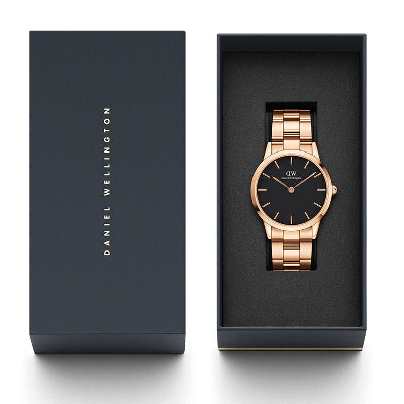 Daniel Wellington Iconic Link Black Dial Rose Gold Steel Strap Watch For Men - DW00100344