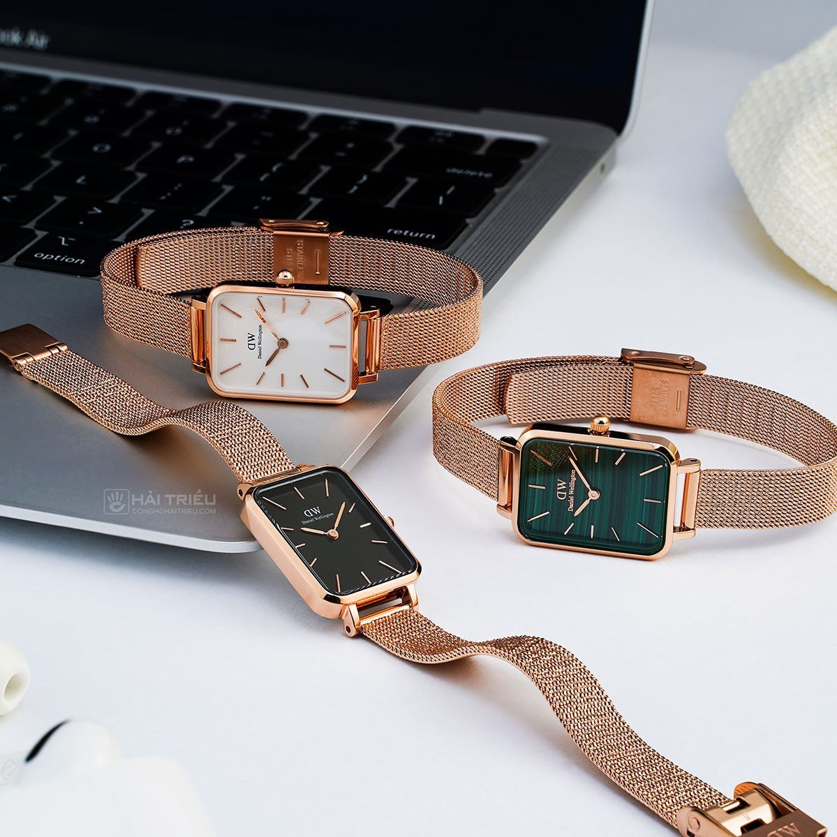 Daniel Wellington Quadro Melrose Green Dial Rose Gold Mesh Strap Watch For Women - DW00100437