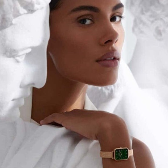 Daniel Wellington Quadro Melrose Green Dial Rose Gold Mesh Strap Watch For Women - DW00100437